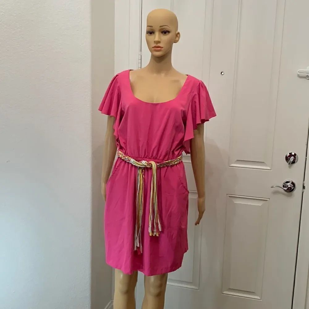 Teeze Me Size 13 Pink Yellow Blue Braided Belt Front Pockets Flutter Sleeves